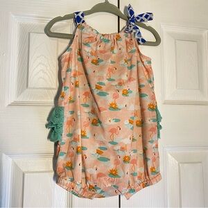 Matilda Jane Gumball Bubble Romper Flamingo Ruffles Pink Blue Teal 6-12 Months